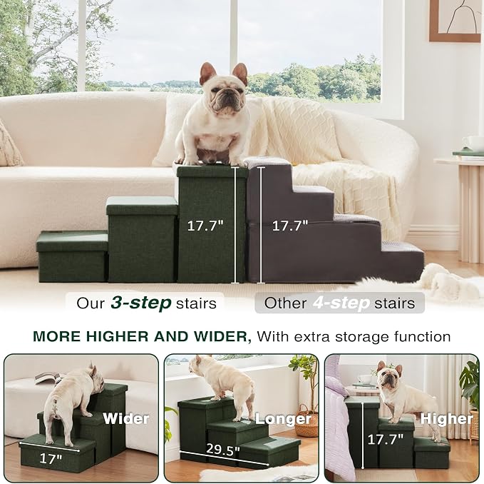 Love's cabin Dog Stairs for High Bed, Foldable Pet Stairs for Small Medium or Large Dogs Puppy with Storage for Bed or Couch, Cat Dog Steps Ramp with Zip up to 200 lbs, Dark Green, 3 Steps