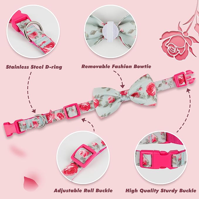 azuza Dog Collar with Bow Tie, Soft and Comfortable Adjustable Bowtie Dog Collar for Puppy and Small Dogs (XS, Camellia Flower)
