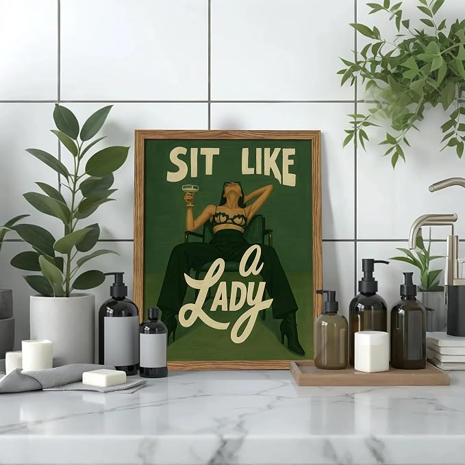 Framed Feminist Wall Art, Vintage Sit Like a Lady Green Wall Decor, Bold Girl Power Feminine Poster Print, Retro Empowering Female Canvas Painting Aesthetic for Bedroom Dorm 12x16 inch