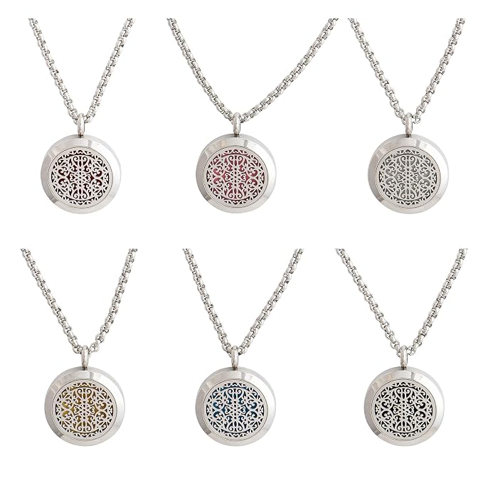 Wild Essentials Wrought Iron Essential Oil Diffuser Necklace, Stainless Steel Locket Pendant with 24 inch Chain, 12 Color Refill Pads, Customizable Color Changing Perfume Jewelry for Aromatherapy
