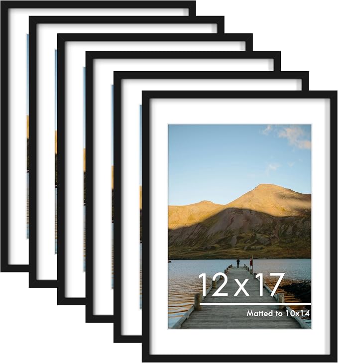 12x17 Picture Frame Set of 6, Wall Mount Display, Black | Display Pictures 10x14 with Mat or 12x17 Without Mat, Horizontal or Vertical, Gallery Wall Frame Set, Wedding Birthday Gifts