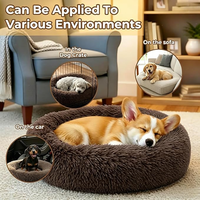 Calming Donuts Dog And Cat Bed, Anti-Anxiety Round Fluffy Soft Washable Small Medium Pet Bed For Puppy And Kitten, Cuddler Warming Comfortable Luxury Anti-Slip Waterproof Mute Base 24in Coffee