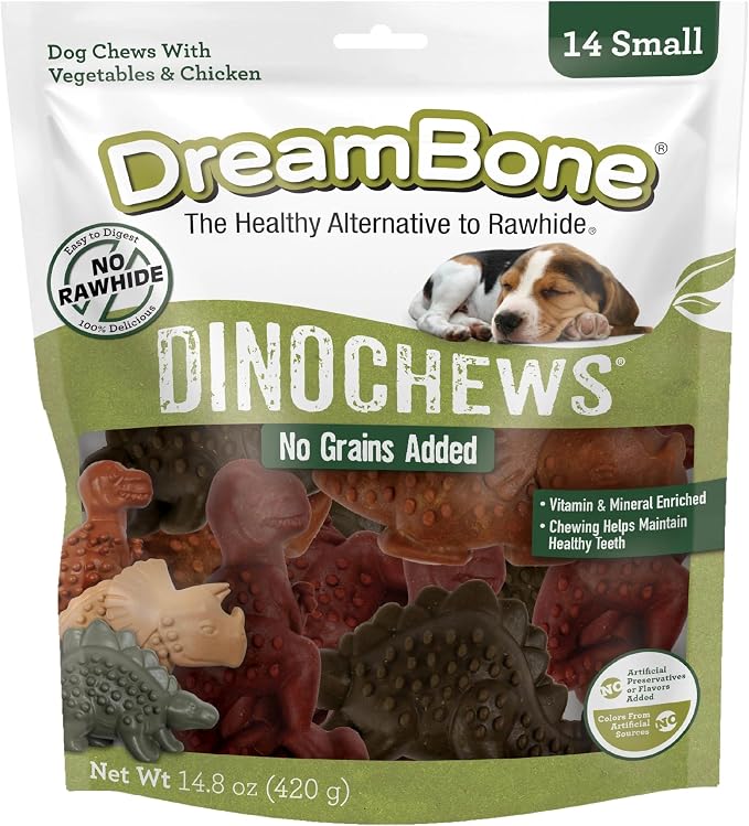 DreamBone Small DinoChews Rawhide-Free Dog Treats, 14 Count | No Grain Added, Daily Chew, Digests Safely and Completely, Made With Real Protein, Chicken and Veggies, For Adult Dogs