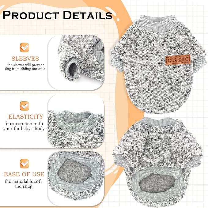 2 Pieces Dog Sweaters for Small Dogs Fall Dog Clothes Male Winter Fleece Dog Sweaters Warm Thick Pet Outfit Small Dog Sweater for Boy Girl Dogs, Chihuahua, Pug, Bulldog, Pug, M, Grey Navy