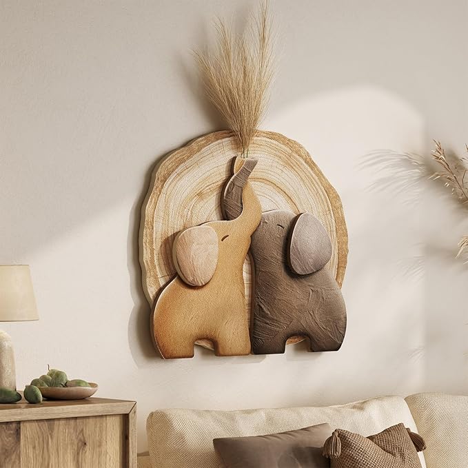 3D Textured Elephant Brown Minimalist Wall Art for Dining Room, 24x24 Inch | With faux greenery, Tree ring texture, Natural, Modern, Animal wall decor, Artwork for walls, for Living room, Hallway