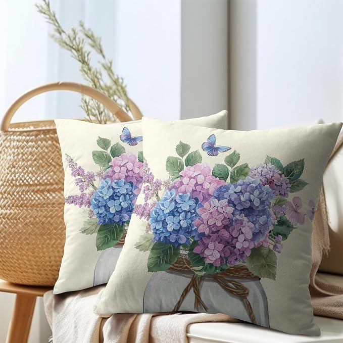 Kawani Hydrangea Flower Throw Pillow Covers 18x18 Inch Set of 2 Botanical Plants Leaves Floral Mason Jar Farmhouse Pillowcase Cotton Linen Square Cushion Case for Home Sofa Couch Outdoor