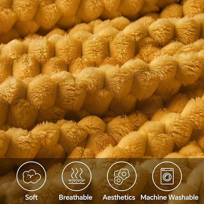 BEDELITE Mustard Yellow Twin Blanket for Couch, Soft Cozy Gifts for Women | 3D Jacquard Decorative Fleece Blanket, Super Soft Plush Throws, Cute Birthday Gift for Women, Suitable for All Seasons, 60*80