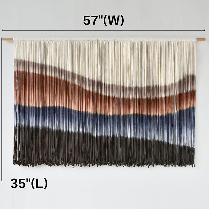 Macrame Wall Hanging Tie-Dye Bule Boho Wall Decor Yarn Fiber Art 57"W*35"L | Large Wall Hanging, Handmade Fiber Art, Dip Dyed Cotton, Boho Wall Decor, for Bedroom Decor Living Room Wall Accent