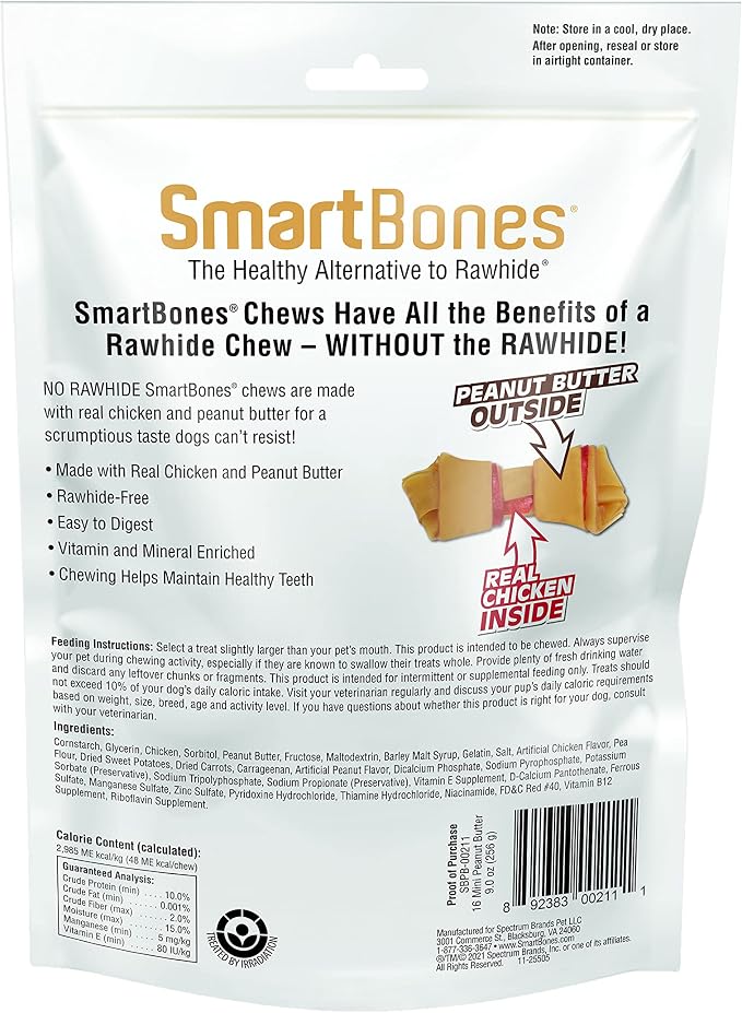 SmartBones Mini Bones Rawhide-Free Dog Treat, Real Peanut Butter, 16 Count | With With Real Chicken & Peanut Butter, Easy To Digest Chew With Vitamins & Minerals, Supports Dental Health, For Small Dogs