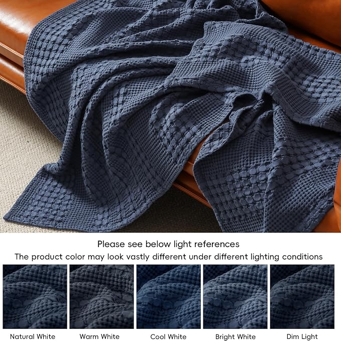 PHF 100% Cotton Waffle Blanket Twin Size, Lightweight Breathable Summer Blanket for Hot Sleepers, Pre-Washed Soft Layer for Bed, Dorm, Couch & Guest Room, Home Decor Gift, 66"x90", Indigo