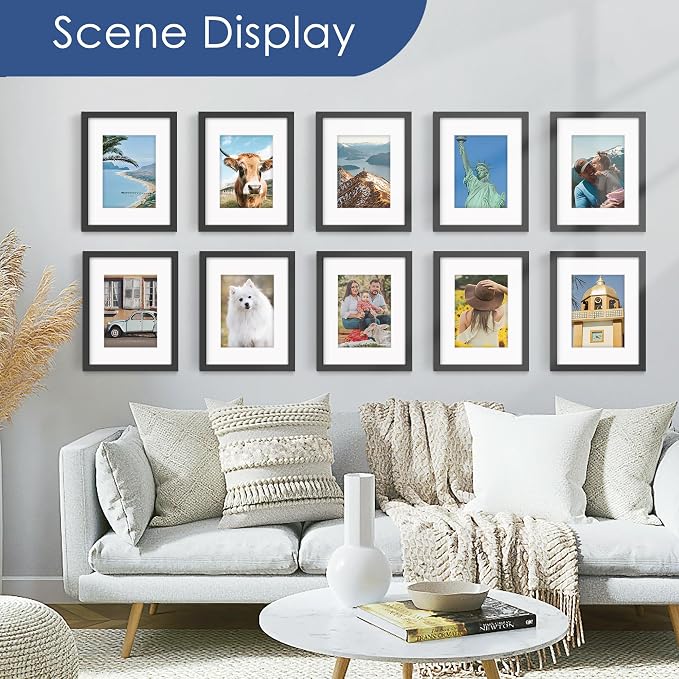 8.5x11 Picture Frame Set of 6, Wall Mounting Display, Black | Display 6x8 with Mat or 8.5x11 Without Mat, Horizontal or Vertical, Gallery Wall Frame Set for Wedding & Room & Home Decor