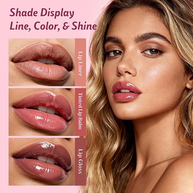 3PCS Lip Combo Set - Matte Lip Liner Pencil + Hydrating Tinted Lip Balm + Juicy Lip Gloss Tint, Non-Sticky, Long-Lasting, High Pigment Lip Makeup Kit (Sweet Fig Set)