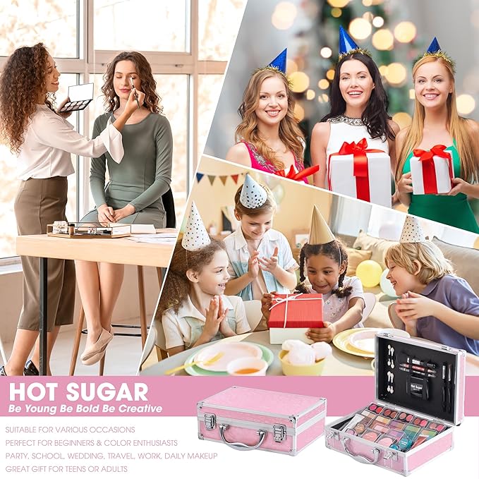 Hot Sugar Makeup Kit for Teenager Girls - Full Starter Cosmetics Set with Eye Shadow Lip Balm Blush Lip Gloss Brush Lip Pencil Eye Pencil and Mirror (Pink Love)