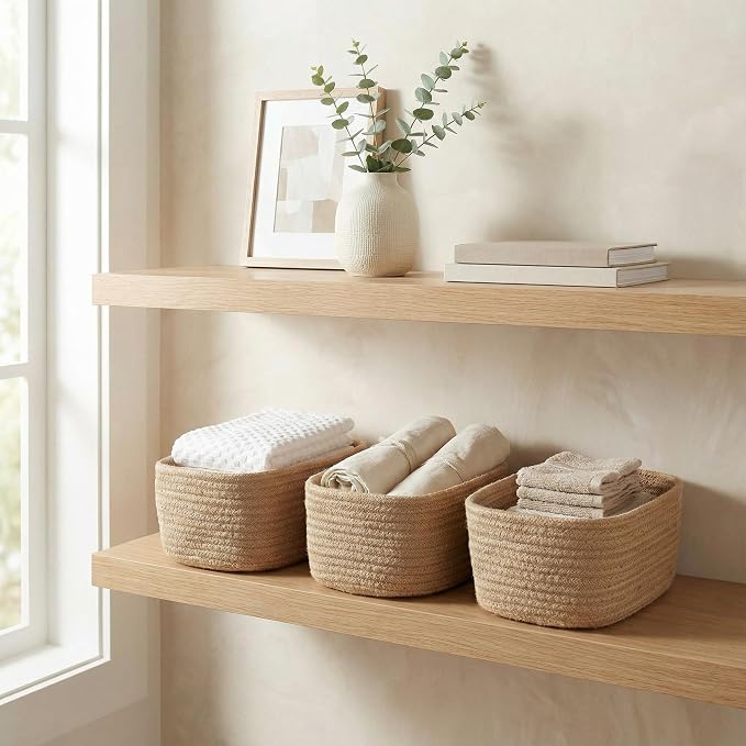 Beautiful Storage Basket Set of 3 - Sturdy Jute Rope Baskets for Shelves | Perfect for Organizing Your Home - Quality Storage Bins Easily Fit with Any Nursery or Bedroom Decor