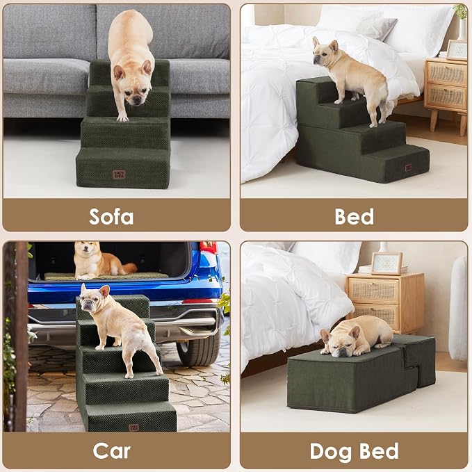 EHEYCIGA Dog Stairs for Bed 20" H, 4-Step Extra Dog Steps, Military Green | Pet Steps for Small Dogs and Cats for High Bed, Non-Slip Balanced Pet Ramp Indoor