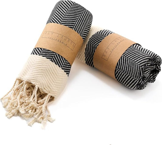 BAY LAUREL Turkish Hand Towel – Pack of 2 | Soft & Absorbent Decorative Towels for Bathroom, Hand, Face, Hair, Gym, Yoga, SPA, Kitchen & Tea | Boho Decor (Black, Herringbone 15x26 Inches (Set of 2)