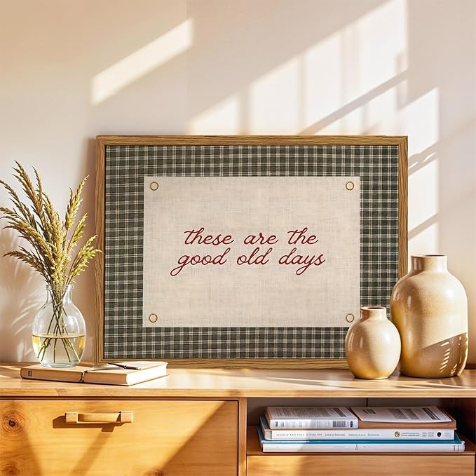 Framed These Are The Good Old Days Wall Art, Vintage Family Inspirational Quote Pictures Wall Decor, Retro Green Gingham Paintings Prints Motivational Home Decor for Living Room Bedroom 16x24 inch