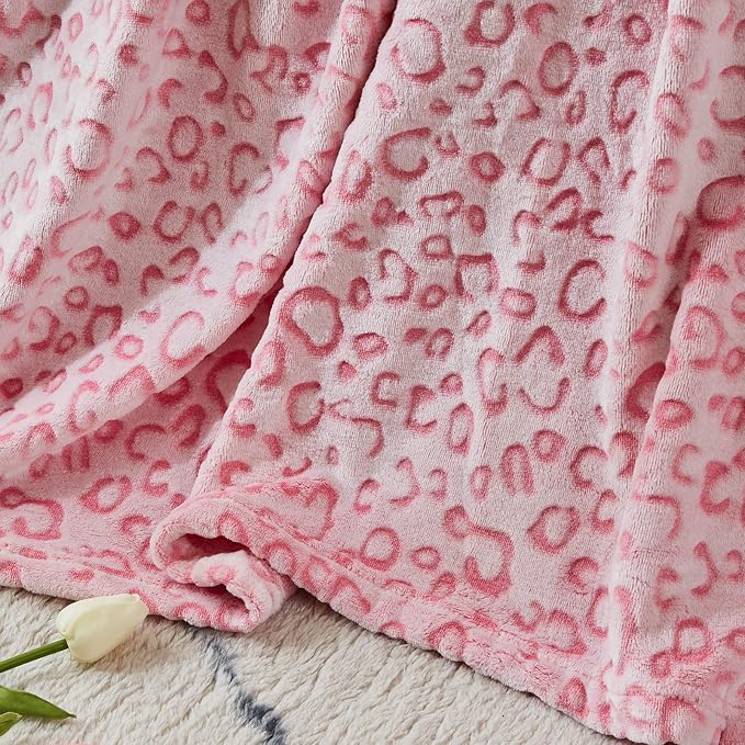 Flannel Fleece Leopard Print Throw Blanket, Super Soft Lightweight Queen Size Bedspreads, 90"X90", Pink