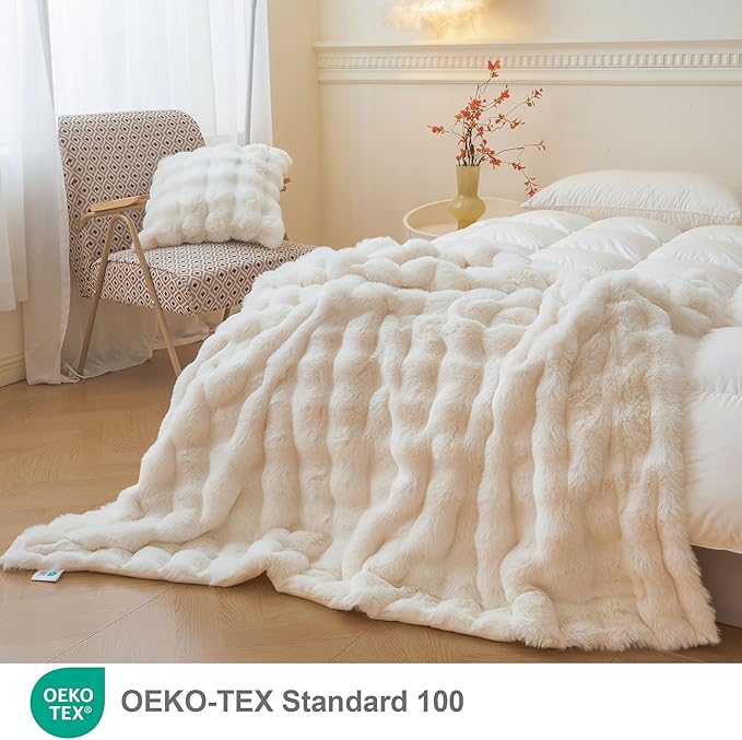 LIFEREVO Luxury Fluffy Faux Rabbit Fur Throw Blanket 50x60, Beige | Plush Shaggy Bubble Blanket for Bed Couch Sofa Office, Decorative Soft Cute Furry Ivory Throw for Kids Teens Adults, Washable