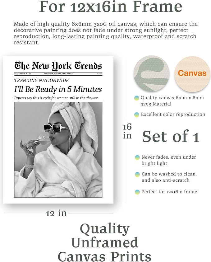 EcoHest 12x16 in I'll Be Ready in 5 Minutes Newspaper Canvas Art | Unframed Canvas Print, Feminist Newspaper Wall Decor for Bathroom, Bedroom, Apartment, Dorm Room, 1Pack