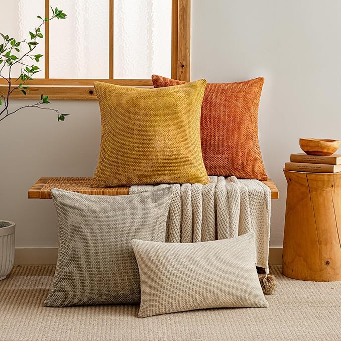 a moment Mustard Yellow Chenille Throw Pillow Covers 20x20 Inch Pack of 2 Modern Decorative Throw Pillow Covers Farmhouse Cross Covers Home Decor for Sofa Bedroom Living Room