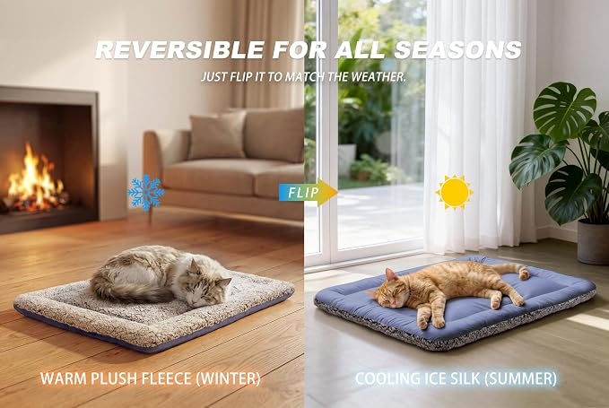 Cooling Mat for Cats, Reversible Self Warming Cat Bed, Dark Blue, 18x24 In | Cool-Touch Ice Silk Side, Plush Fleece Warm Side, Heat-Reflective Foil for Indoor Cats, Kittens, Small Dogs and Crates