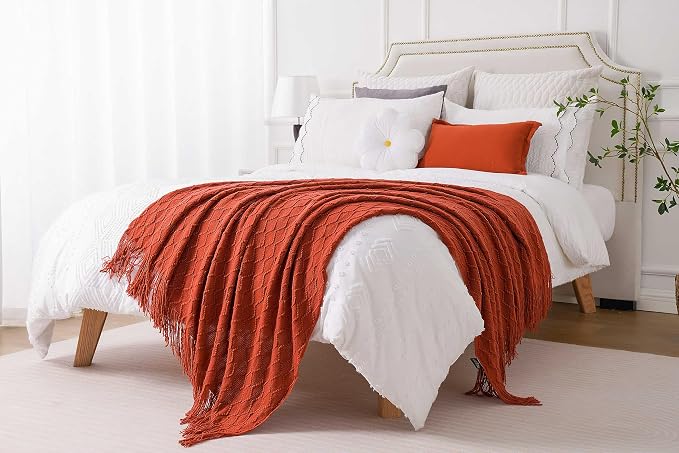 BATTILO HOME Rust Throw Blanket for Couch, 50" x 60", Acrylic Knit Woven Summer Blanket, Lightweight Decorative Soft Nap Throw with Tassel for Chair Bed Sofa Travel Picnic, Suitable for All Seasons