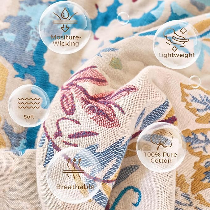 LUTBM Boho Throw Blanket for Couch 50"x60", Cotton Decorative Bed Throw | Reversible Floral Leaves Jacquard, All-Season Lightweight Breathable Blankets, For Chair Sofa Bedroom Living Room