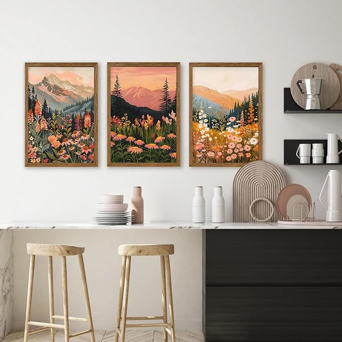 WRFON Botanical and Flower Canvas Wall Art, Framed Mountain Landscape Wall Art Set of 3, Wildflower Meadow Canvas Print, Rustic Nature Decor for Living Room Bedroom Cabin Lodge Farmhouse Decor, 16x24