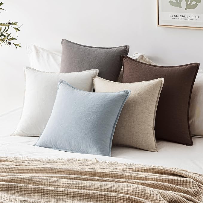 EMEMA Decorative Linen Throw Pillow Covers 20x20 Inch Light Blue | Boho Farmhouse Neutral Couch Throw Pillows for Bed Pack of 2 Accent Pillowcase Modern Sofa Cushion Livingroom Home Decor