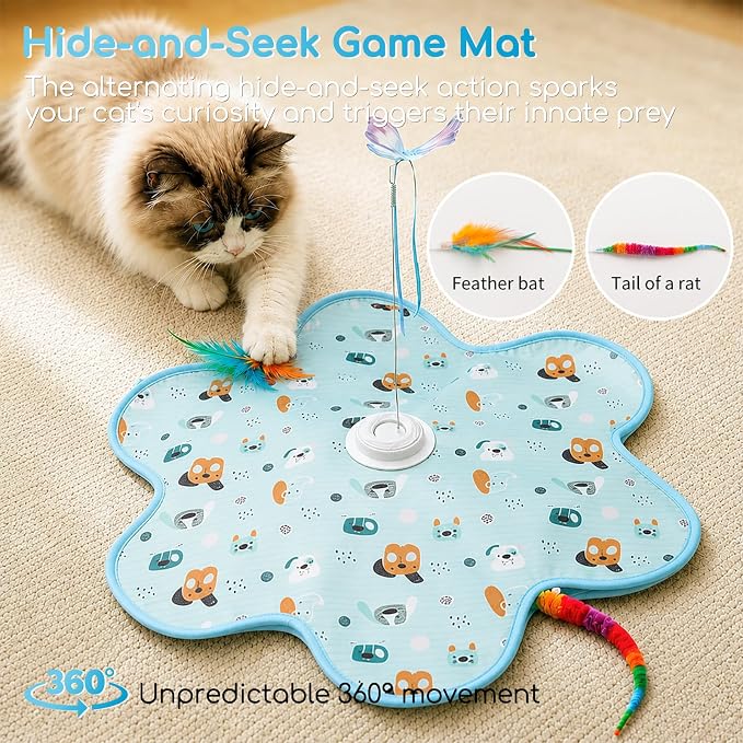 Interactive Cat Toys, Rechargeable with Auto Play and Bird Chirps | 3-in-1 hide and seek mat with fluttering butterfly, moving feather and plush tail. Perfect for indoor adult cats and kittens