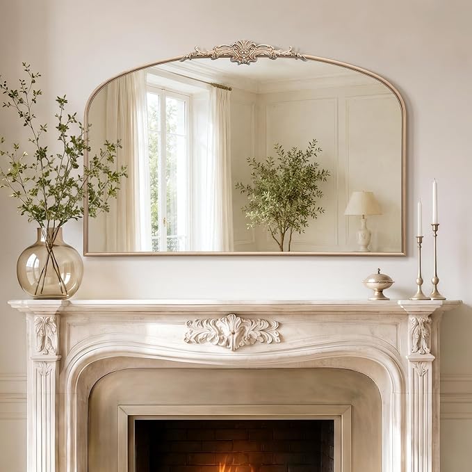 Besdomus Vintage Arched Gold Mirror: 48"x33" Oversized Champagne Decorative | Baroque Metal Framed Mirrors - Traditional Ornate for Home Renovation Decor - Ideal for Foyer/Entryway/Fireplace/Living Room