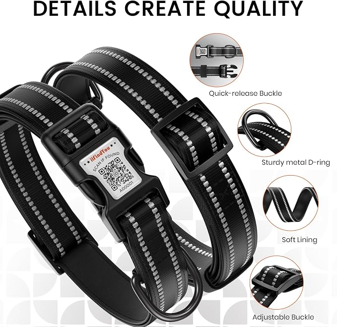 Personalized Dog Collar with QR Code Dog Tag, Black 05 S | Anti-lost, 1000D nylon, reflective, padded, XS-L(8"-24"), QR buckle shares lost pet profile, location alerts when scanned