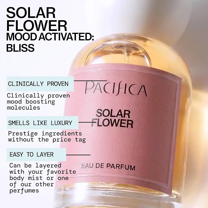 Pacifica Solar Flower Eau de Parfum for Women, Floral Perfume Spray with Jasmine Bergamot Vanilla, Long Lasting Clean Vegan Fragrance, Paraben Free, 1 Fl Oz
