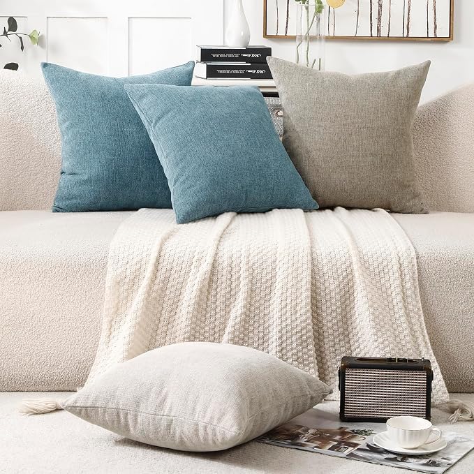 Pack of 2 Decorative Chenille Throw Pillow Covers, 24x24, Dusty Blue | Square Soft Cozy Concise Pillow Covers Modern Farmhouse Couch Cushion Cases for Sofa Bed Living Room Home Decor