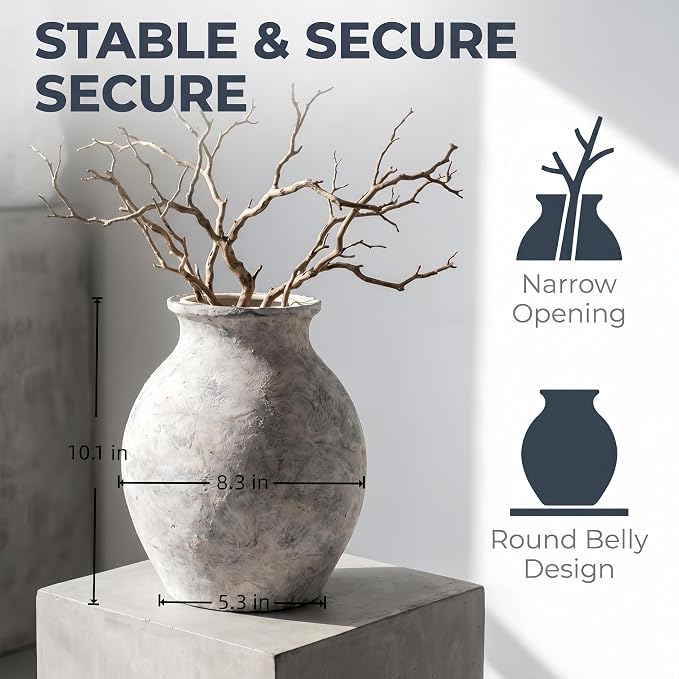 Lvases 10in XL White Ceramic Vase, Aged Stone Cement Mediterranean Vase | Rustic elegant finish with authentic limestone texture fits Tuscan farmhouse style as table decor living room home decoration