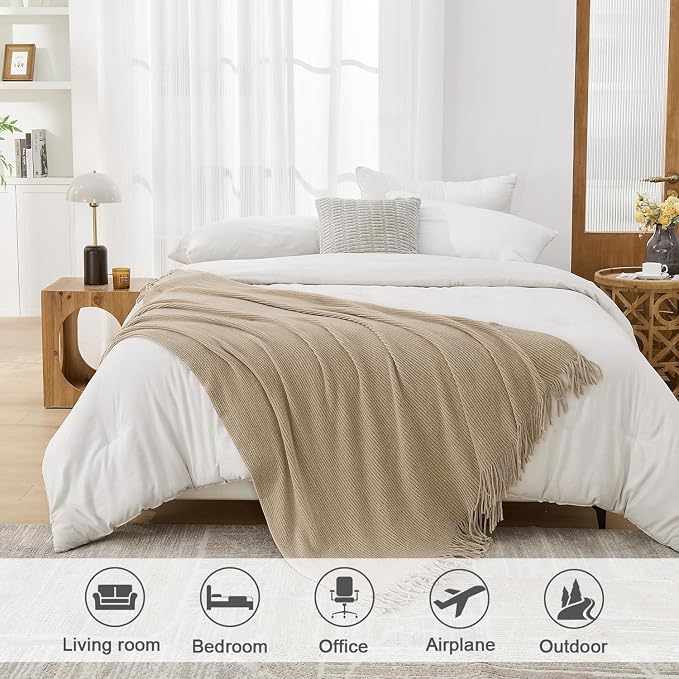 lifein Throw Blanket for Couch, Soft Boho Decor Bed Throw,Cozy Beige Knitted Chenille Small Farmhouse Lightweight Throw(Beige,50 * 60")