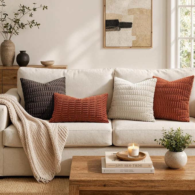 MIULEE Fall Lumbar Corduroy Decorative Throw Pillow Covers 12x20 Rust | Terracotta Pack of 2 Soft Boho Striped Pillow Covers Modern Farmhouse Autumn Home Decor For Sofa Living Room Couch Bed