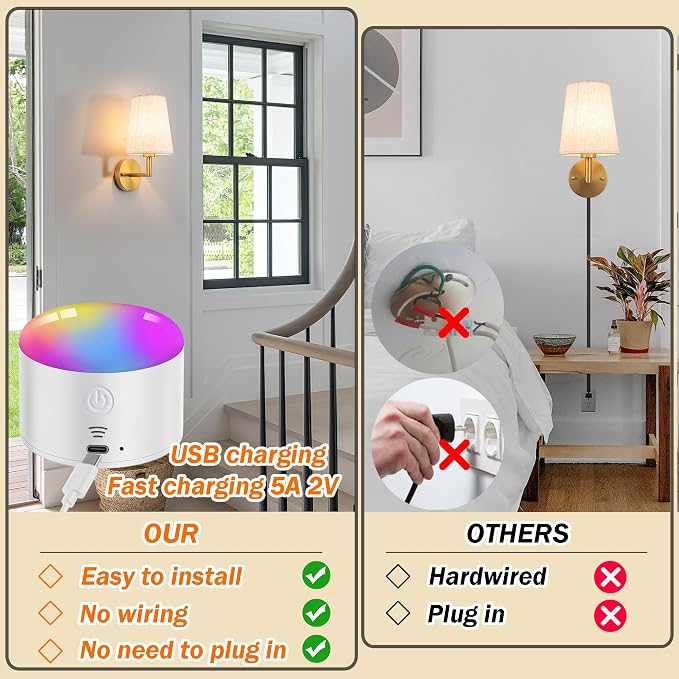 Wall Sconce Battery Operated Wall Light Fixure with Remote Control, Dimmable Battery Operated Wall Sconces Set Of Two, Indoor Wireless Wall Mounted Lamp with Rechargable Bulb For Bedroom Living Room (