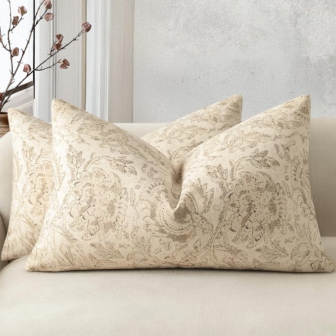 Vintage Floral Print Throw Pillow Covers 12x20 Set of 2 Neutral Modern Farmhouse Pillowcases Accent Decorative Cushion Covers Boho Home Decor for Couch Sofa Chair Bed Living Room, Natural Beige