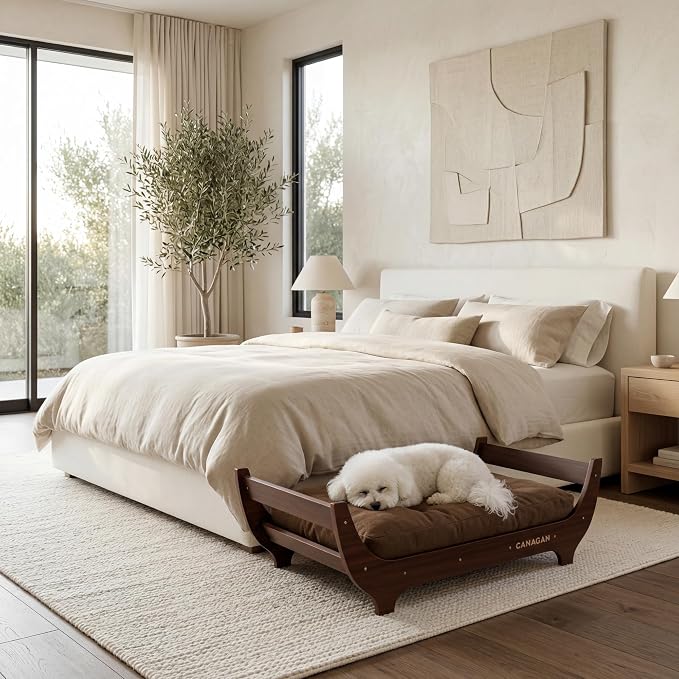 CANAGAN Elevated Wood Dog Bed Frame with Cushion, WalnutPattern, Medium | Raised Dog Couch Bed with Washable Cover and Plush PP-Filled Cushion, Furniture-Style for Indoor Living