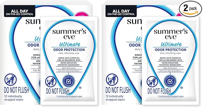 Summer's Eve Ultimate Odor Protection Daily Feminine Wipes, Gentle pH-Balanced Formula with Boric Acid Cleanses & Removes Vaginal Odor, Individually Wrapped Body Wipes, 12 Count (Pack of 2)