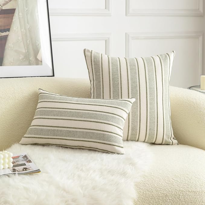 Cethom Decorative Boho Lumbar Throw Pillow Covers, Farmhouse Textured Pillow Case, 12 x 20 Inch Set of 2, Chair Sofa Bedroom Living Room Home Decor Couch Cushion Case, Olive Green and Beige