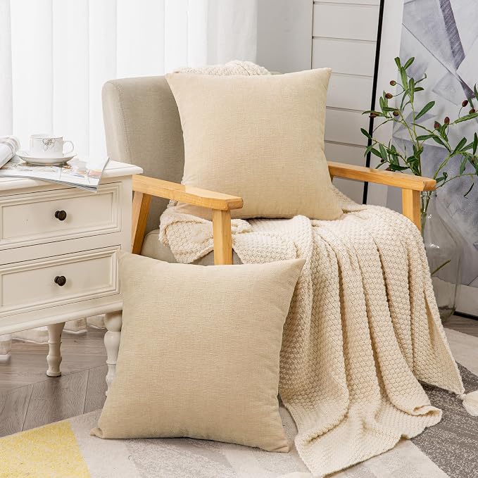 GAWAMAY Decorative Throw Pillow Covers 16x16 Inch Set of 2, Super Soft Chenille Square Pillows Farmhouse Fall Pillowcase for Living Room Bedroom Sofa Couch Cushion Cover Beige 40x40cm (No Insert) | Soft Chenille Farmhouse Style, Hidden Zipper, Neutral ...