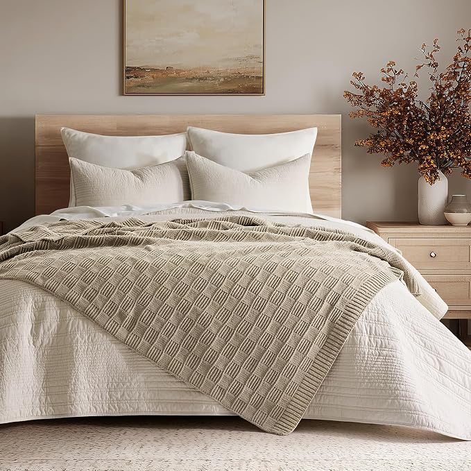 EVERGRACEHOME Modern Checkered Chenille Throw Blanket, 60x80, Sand Dune | Lightweight Warmth, All-Season Breathability, OEKO-TEX certified, Timeless Grid Pattern, Farmhouse Throw for Couch, Bed, Sofa