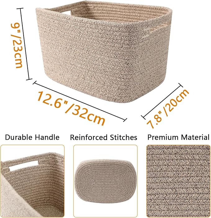 6 Pack Woven Rope Baskets, 12.6"×9"×7.8" Storage Bins, Brown | Storage Boxes for Toys, Books, Towels, Clothes, Shelf Baskets Organizer,Empty Gift Baskets for Living Room, Bathroom, Bedroom
