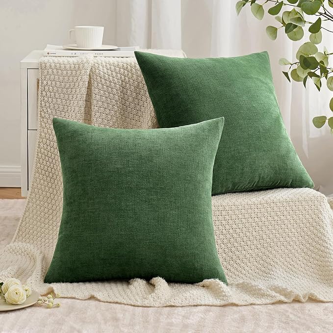 MIULEE Moss Green Chenille Couch Throw Pillow Covers, 20x20 | Set of 2, Soft Modern Farmhouse Style, Decorative Pillowcases for Sofa Living Room Bed, Home Decor