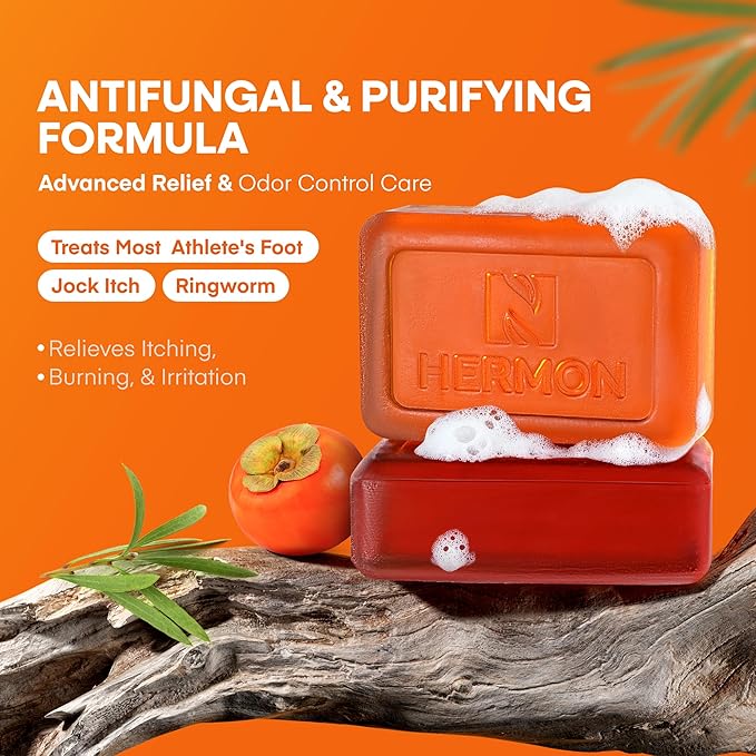 Hermon Antifungal Soap Bar: Antifungal Soap Treatment for Ringworm, Jock Itch & Athlete’s Foot with Tea Tree Oil – Medicated Odor-Neutralizing Persimmon Soap for Persistent Body & Aging Odor, 2Bars