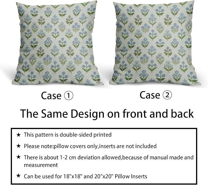 Blue Green Block Print Pillow Covers 24x24 Inch Set of 2, Vintage Floral Spring Decorative Throw Pillow Cases Boho Cushion Covers Rustic Decoration Gift Farmhouse Sofa Couch Bed Decor