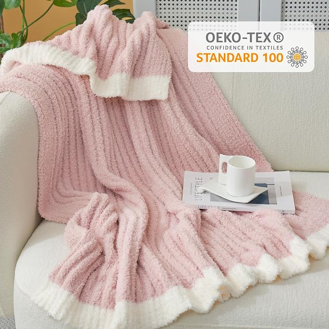 Snuggle Sac Fluffy Ribbed Pink Blanket Twin Size, Soft Luxurious Knit Throw, Fuzzy Plush Microfiber Blankets for Couch, Sofa, Bed, Pink, 60x80 inches